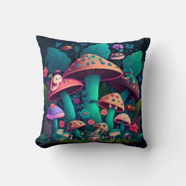 Mushrooms elfs  in the field throw pillow (Front)