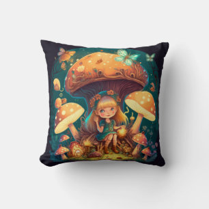 Mushrooms elfs in the field throw pillow
