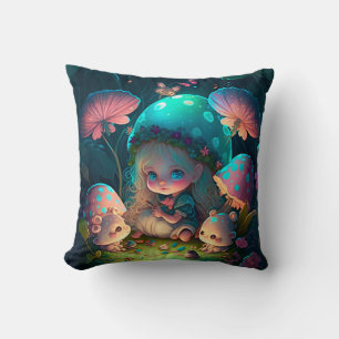 Mushrooms elfs in the field throw pillow