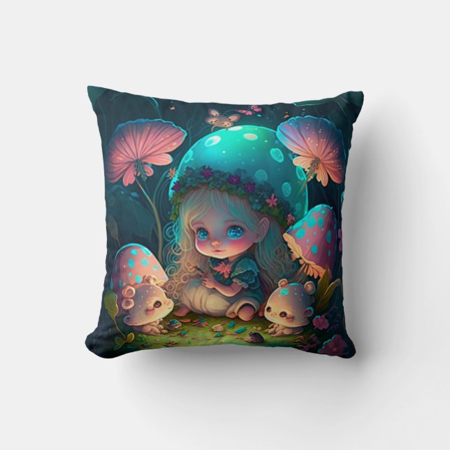 Mushrooms elfs  in the field throw pillow (Front)