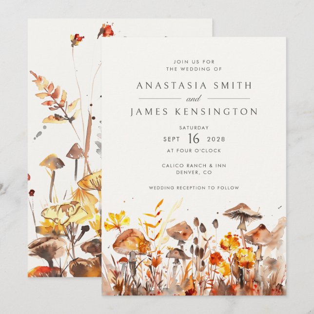 Mushrooms Fall Wild Flowers Rust Wedding Invitation (Front/Back)