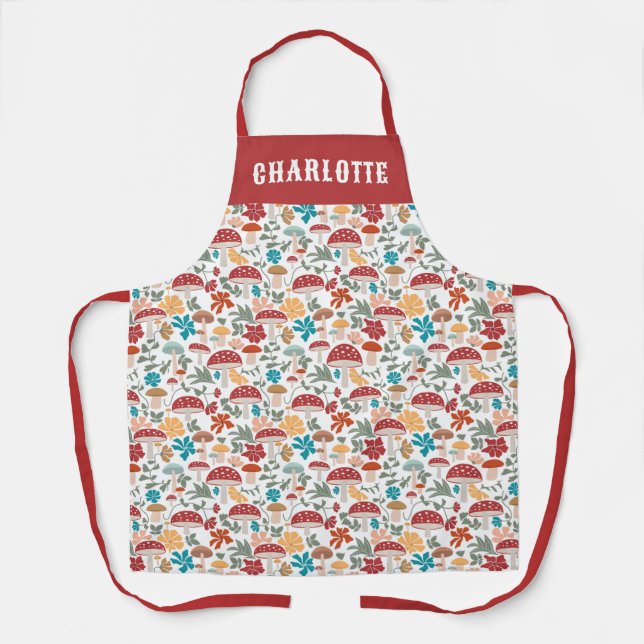 Mushrooms & Floral Mid Century Modern Custom Name Apron (Front)