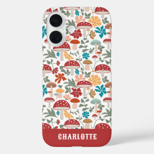 Mushrooms & Floral Mid Century Modern Custom Name iPhone 16 Case