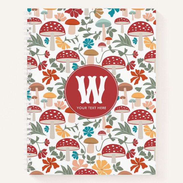Mushrooms & Floral Mid Century Modern Monogram Notebook (Front)