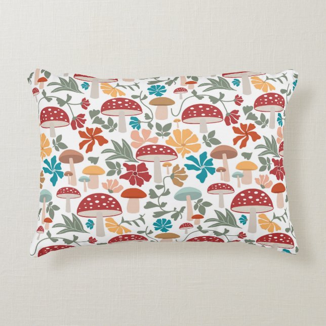 Mushrooms & Floral Mid Century Modern Pattern Accent Pillow (Front)