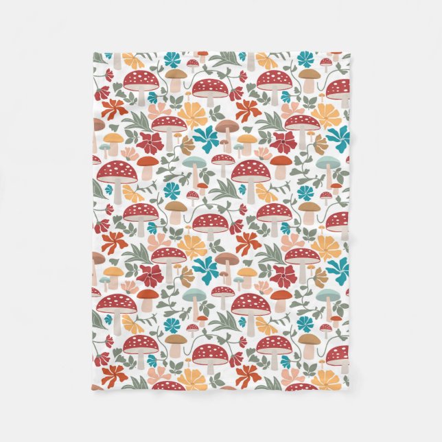 Mushrooms & Floral Mid Century Modern Pattern Fleece Blanket (Front)