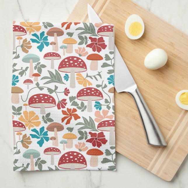Mushrooms & Floral Mid Century Modern Pattern Kitchen Towel (Quarter Fold)