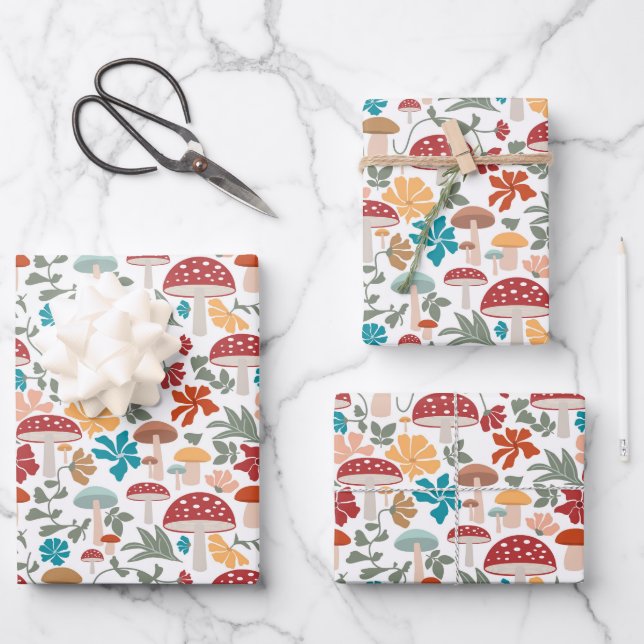Mushrooms & Floral Mid Century Modern Pattern Wrapping Paper Sheet (Front)