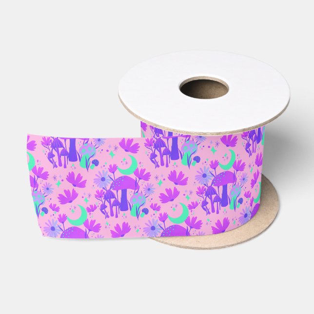 Mushrooms & florals - lavender rose & purple  satin ribbon (Spool)
