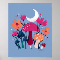 Mushrooms & florals - moonstone blue & burnt pink