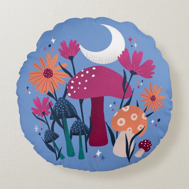 Mushrooms & florals - moonstone blue & burnt pink round pillow (Front)