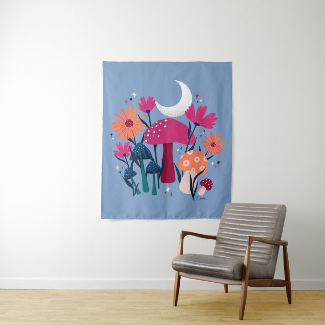 Mushrooms & florals - moonstone blue & burnt pink tapestry (In Situ)