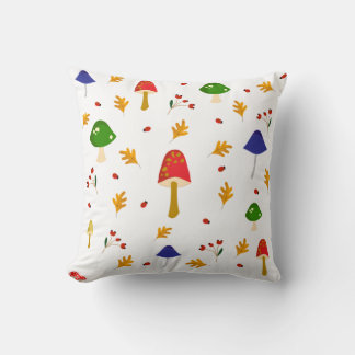 Mushrooms, Flowers, Leaves, Autumn Fall Themed Throw Pillow