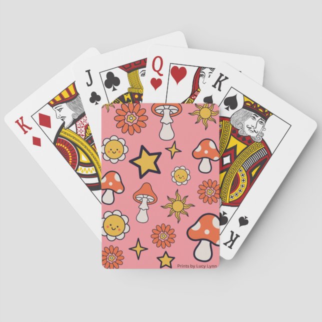 Mushrooms, Flowers, & Stars Pink Playing Cards (Back)