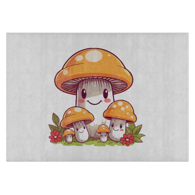 Mushrooms foraging, happy kawaii style cutting board (Front)