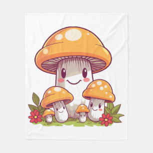 Mushrooms foraging, happy kawaii style fleece blanket