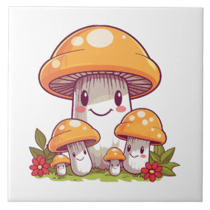 Mushrooms foraging, happy kawaii style tile