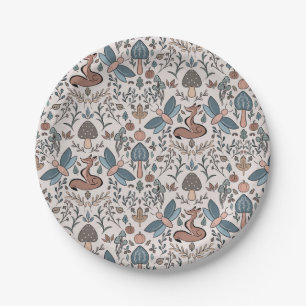Mushrooms Fox & Dragonfly Cute Autumn Pattern  Paper Plate