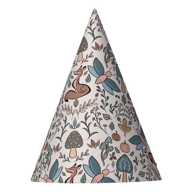Mushrooms Fox & Dragonfly Cute Autumn Pattern Party Hat (Front)
