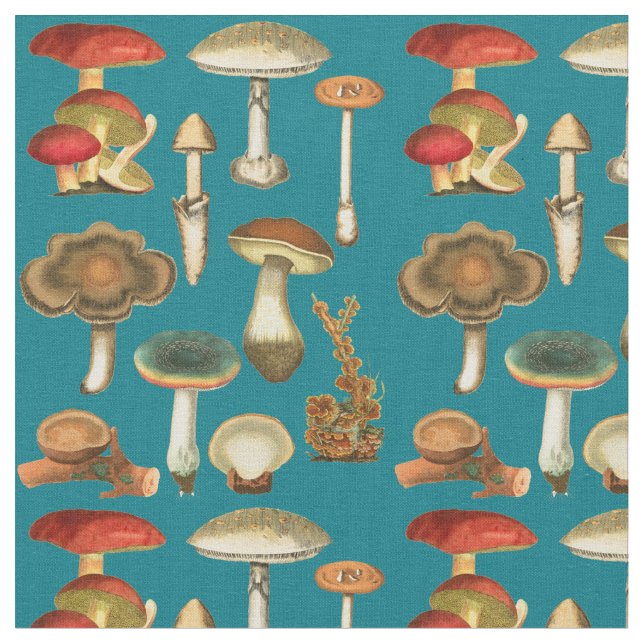 Mushrooms Fungi Plant Botanical Garden collage art Fabric (Close Up)