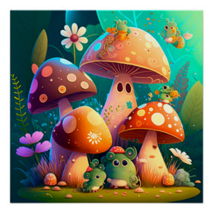 Mushrooms green florals in the field   poster