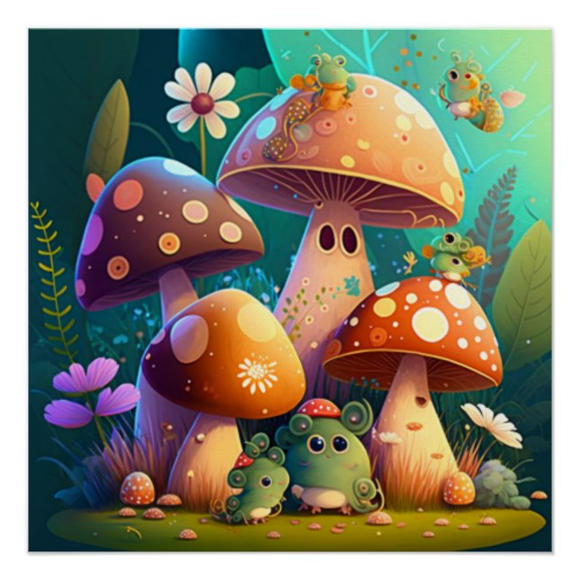 Mushrooms green florals in the field   poster (Front)