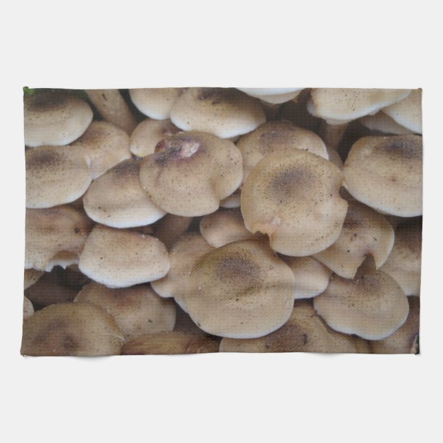 Mushrooms growing in a cluster original photo art kitchen towel (Horizontal)
