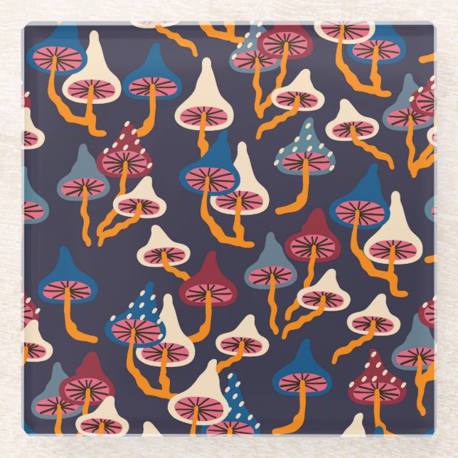 Mushrooms Illustration Fabric Wrapping Pattern Glass Coaster (Front)