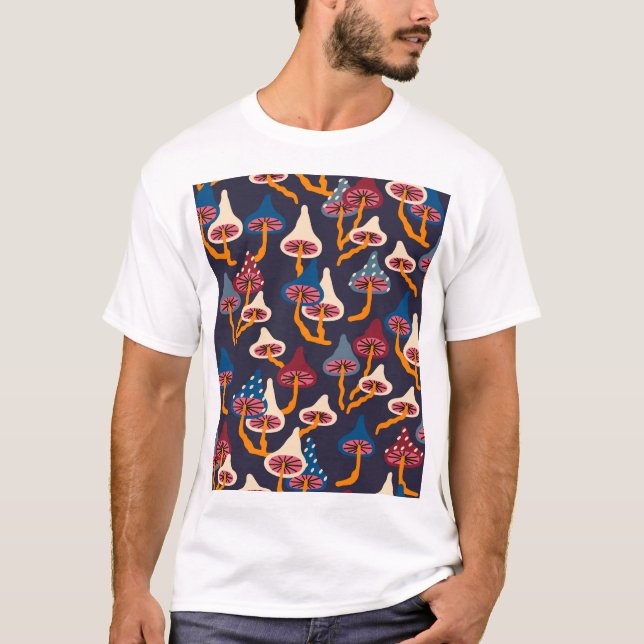 Mushrooms Illustration Fabric Wrapping Pattern T-Shirt (Front)