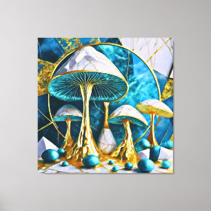 Mushrooms in Blue and Gold Geometric Surreal Canvas Print