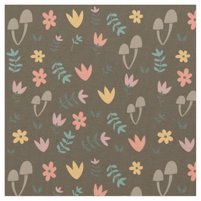 Mushrooms in the Garden Pattern Fabric (Close Up)