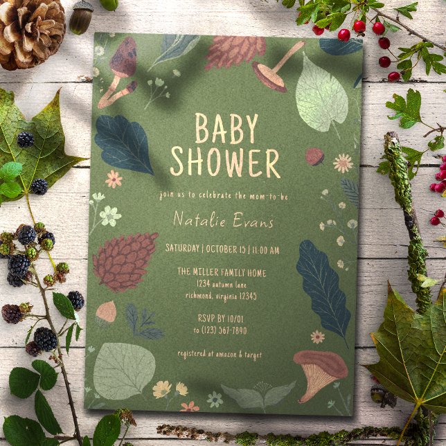 Mushrooms & Leaves | Neutral Green Baby Shower Invitation (Creator Uploaded)