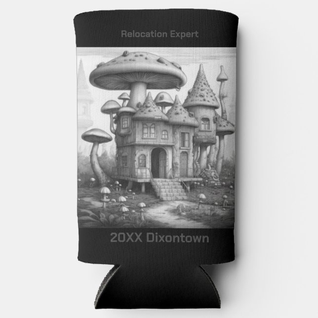 Mushrooms on wood house roof Black and white AIda Seltzer Can Cooler (Front)
