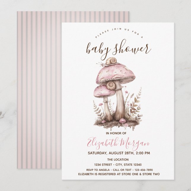 Mushrooms Snail Pink Stripes Baby Shower  Invitation (Front/Back)