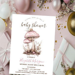 Mushrooms Snail Pink Stripes Baby Shower  Invitation