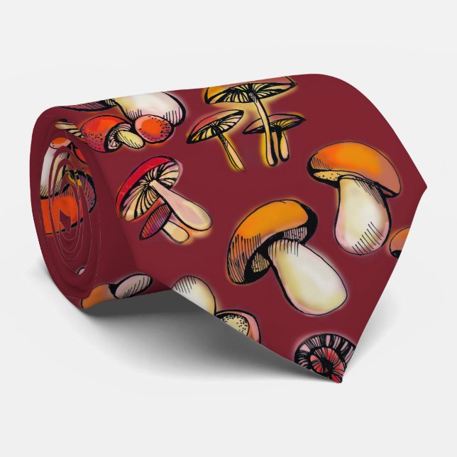Mushrooms with red background neck tie (Rolled)