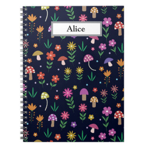 Mushrooms with Whimsical Flowers  Custom Name  Notebook
