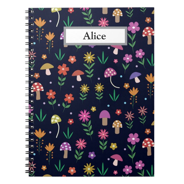 Mushrooms with Whimsical Flowers  Custom Name  Notebook (Front)