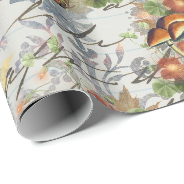 Mushrooms Woodland Orange Old Letter Mint Coral Wrapping Paper (Roll Corner)