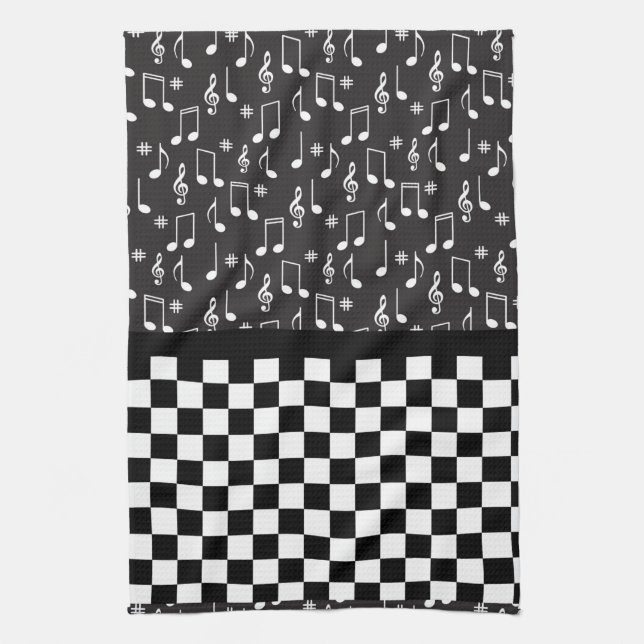 Music and Chequerboard Black and White  Kitchen Towel (Vertical)