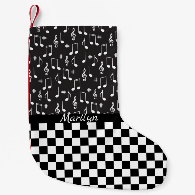 Music and Chequerboard Personalized Small Christmas Stocking (Front)