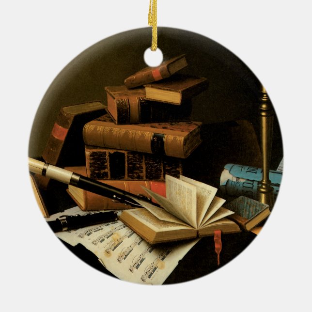 Music and Literature by William Harnett, Fine Art Ceramic Ornament (Back)