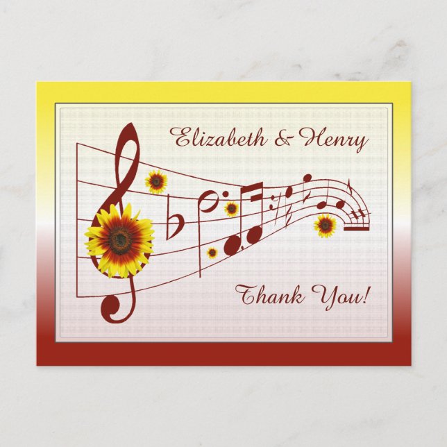 Music and Sunflowers Wedding Thank You Card (Front)