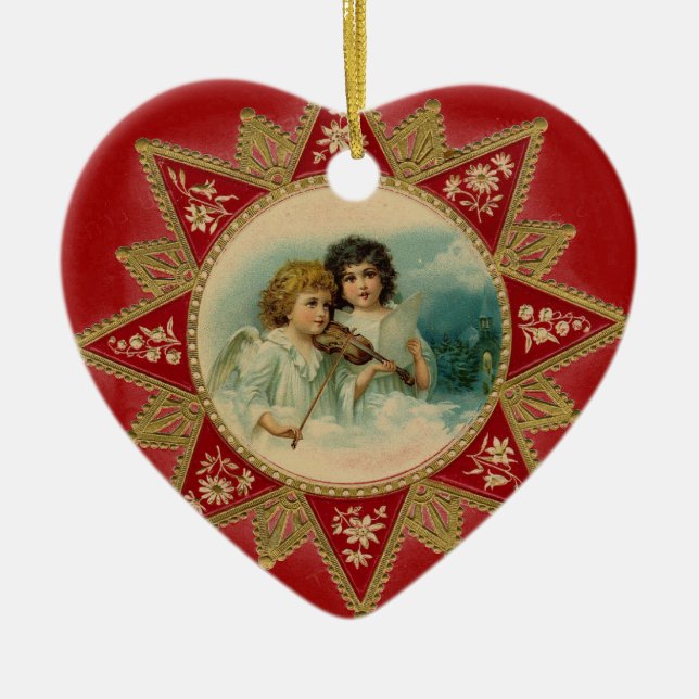 MUSIC ANGELS IN  RED HEART CERAMIC ORNAMENT (Front)