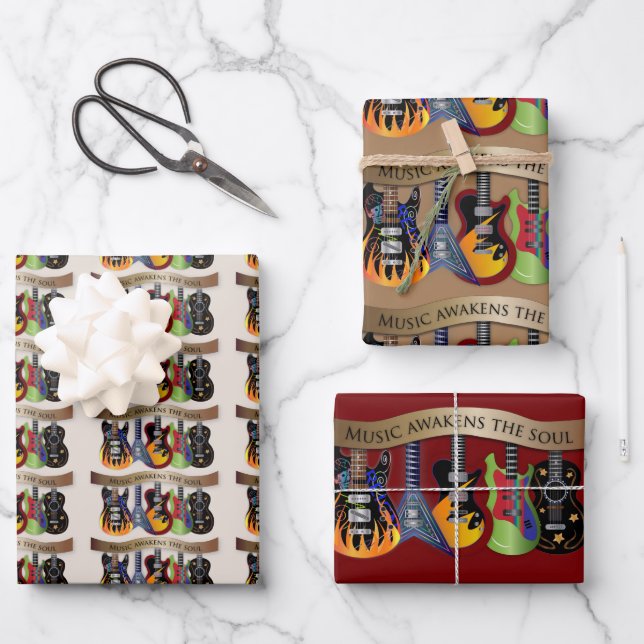 Music Awakens the Soul Colourful Guitars Wrapping Paper Sheet (Front)