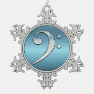 Music Bass Clef On Steel Metallic Snowflake Pewter Christmas Ornament