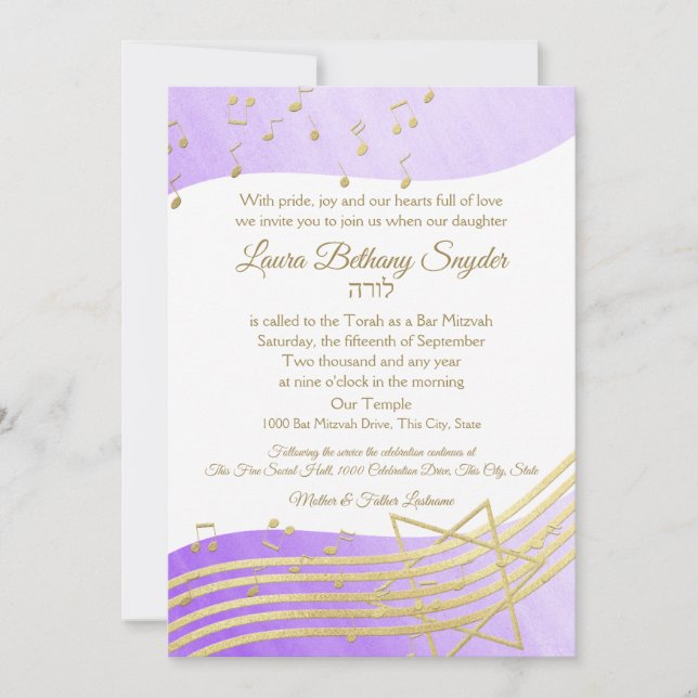 Music Bat Mitzvah Purple Watercolor and Gold2 Invitation (Front)