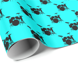Music Black Drum Set on Aqua Blue Wrapping Paper