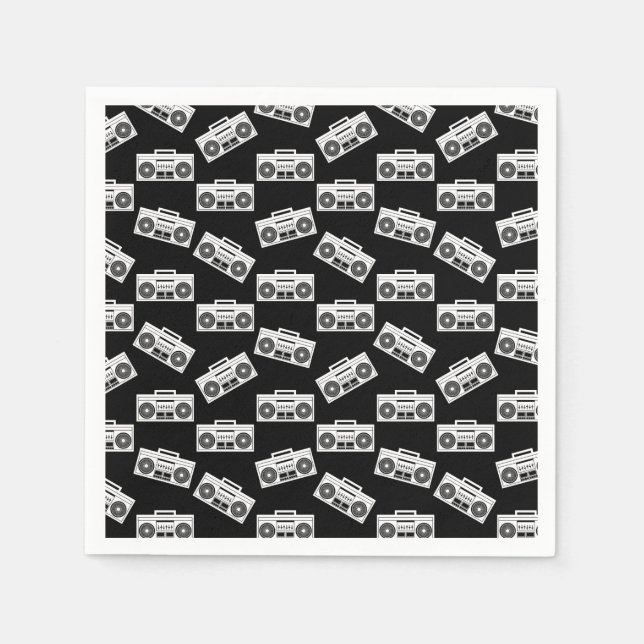 Music Boombox Print Art Pattern Boomboxes Black Napkin (Front)