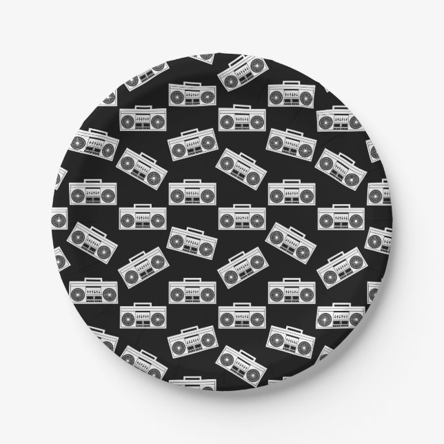 Music Boombox Print Art Pattern Boomboxes Black Paper Plate (Front)